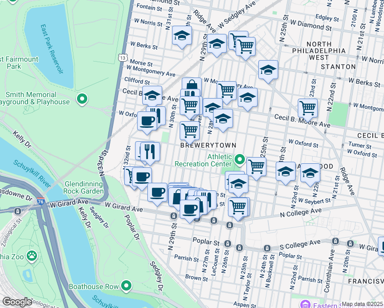 map of restaurants, bars, coffee shops, grocery stores, and more near 1446 North Dover Street in Philadelphia
