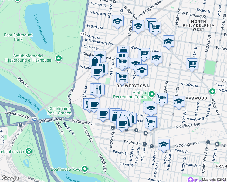 map of restaurants, bars, coffee shops, grocery stores, and more near 1437 North Myrtlewood Street in Philadelphia