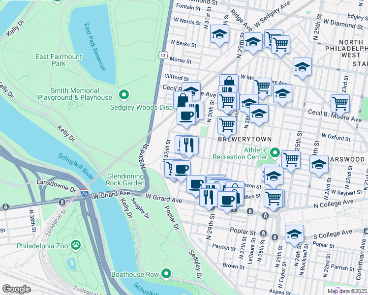 map of restaurants, bars, coffee shops, grocery stores, and more near 3041 Master Street in Philadelphia