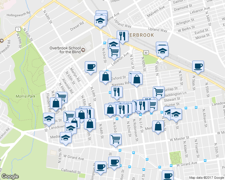 map of restaurants, bars, coffee shops, grocery stores, and more near 847 North 63rd Street in Philadelphia
