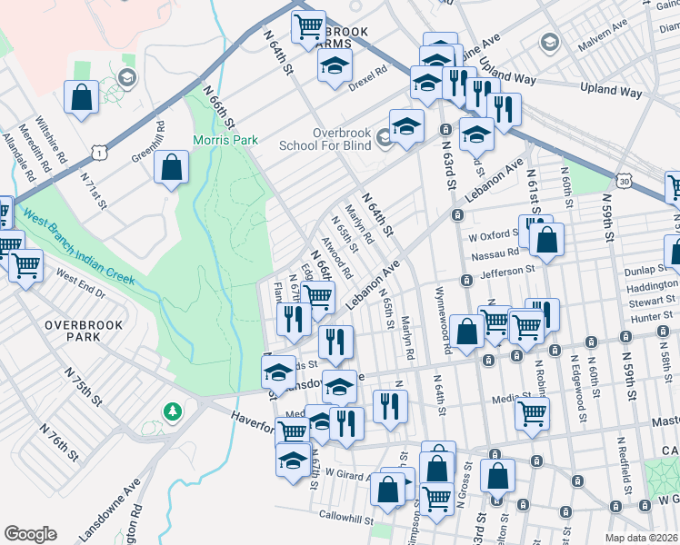 map of restaurants, bars, coffee shops, grocery stores, and more near 935 North 66th Street in Philadelphia