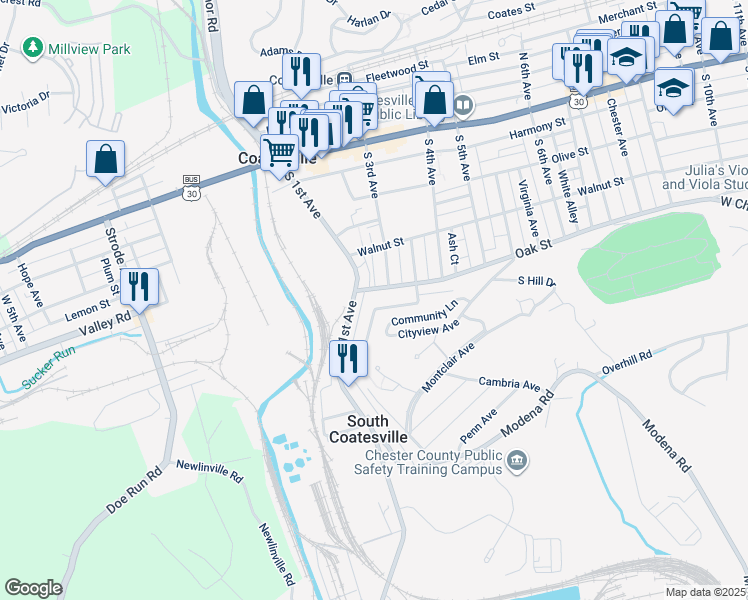 map of restaurants, bars, coffee shops, grocery stores, and more near 313 Community Lane in Coatesville