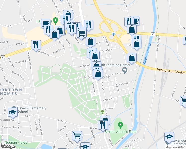 map of restaurants, bars, coffee shops, grocery stores, and more near 1116 Schley Alley in York