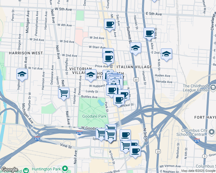 map of restaurants, bars, coffee shops, grocery stores, and more near 765 North High Street in Columbus