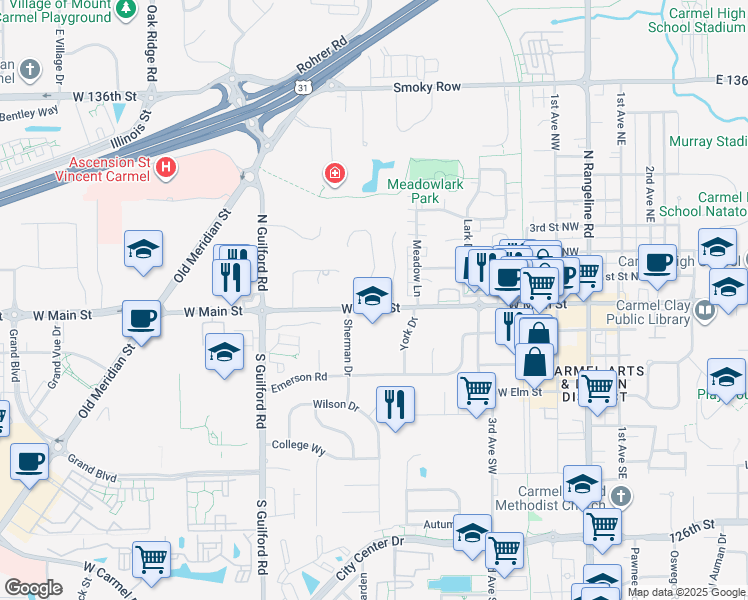 map of restaurants, bars, coffee shops, grocery stores, and more near 651 West Main Street in Carmel