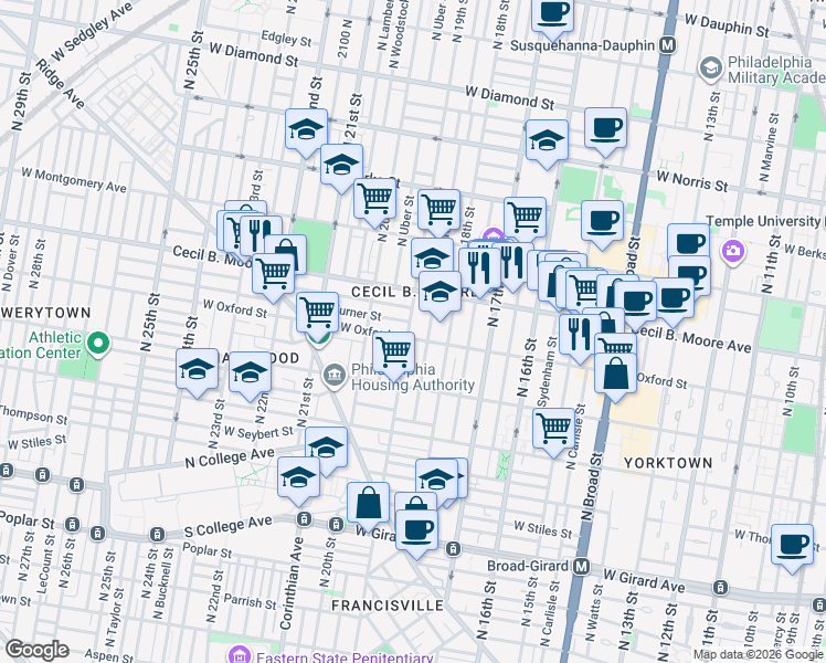 map of restaurants, bars, coffee shops, grocery stores, and more near 1528 North 19th Street in Philadelphia