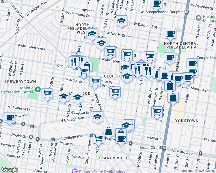 map of restaurants, bars, coffee shops, grocery stores, and more near North 20th Street & West Oxford Street in Philadelphia