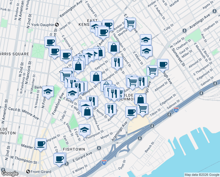 map of restaurants, bars, coffee shops, grocery stores, and more near Cedar St & E Boston St in Philadelphia