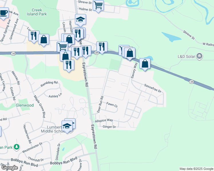 map of restaurants, bars, coffee shops, grocery stores, and more near 102 Sandstone Court in Lumberton