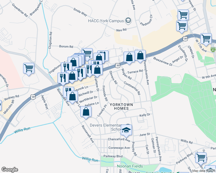 map of restaurants, bars, coffee shops, grocery stores, and more near 1416 Dartmouth Road in York