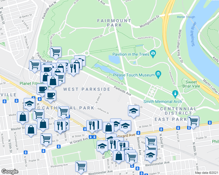 map of restaurants, bars, coffee shops, grocery stores, and more near 4854 Parkside Avenue in Philadelphia
