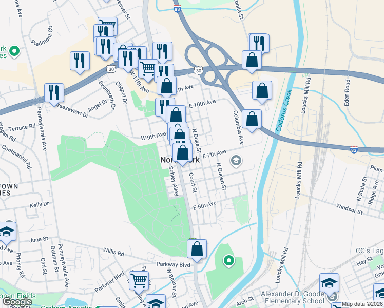 map of restaurants, bars, coffee shops, grocery stores, and more near in North York
