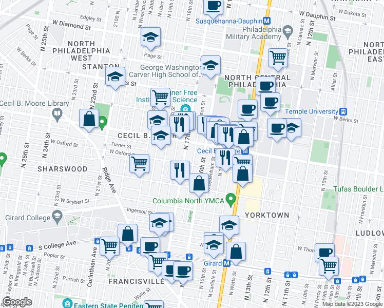 map of restaurants, bars, coffee shops, grocery stores, and more near 1616 Willington Street in Philadelphia