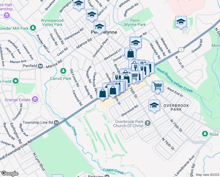 map of restaurants, bars, coffee shops, grocery stores, and more near 1505 City Avenue in Wynnewood