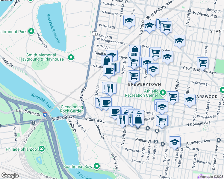 map of restaurants, bars, coffee shops, grocery stores, and more near 1415 North 31st Street in Philadelphia