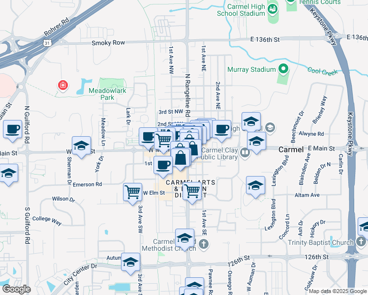 map of restaurants, bars, coffee shops, grocery stores, and more near 21 West Main Street in Carmel