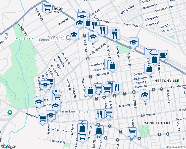 map of restaurants, bars, coffee shops, grocery stores, and more near 6235 West Jefferson Street in Philadelphia