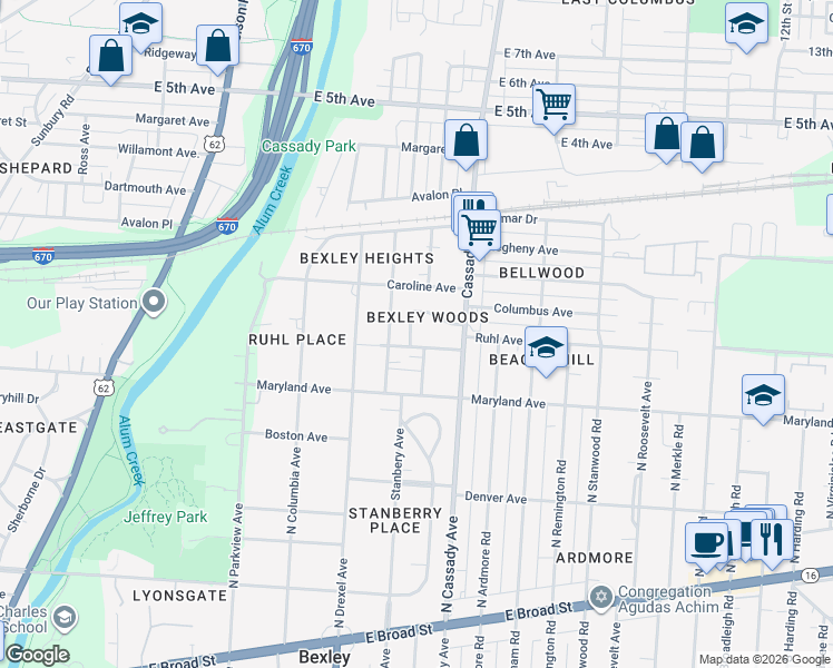 map of restaurants, bars, coffee shops, grocery stores, and more near 374 Stanbery Avenue in Columbus