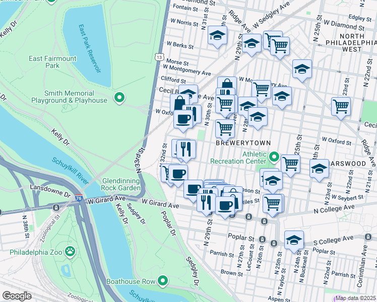 map of restaurants, bars, coffee shops, grocery stores, and more near 1415 North 31st Street in Philadelphia