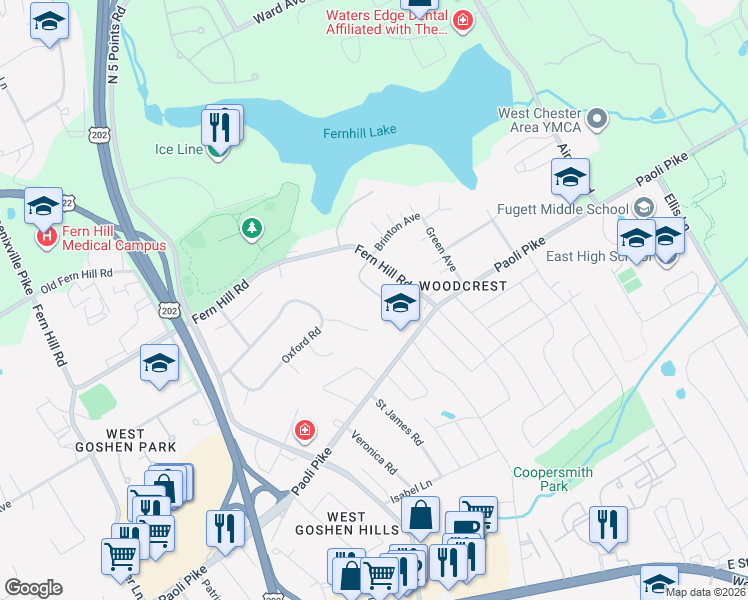 map of restaurants, bars, coffee shops, grocery stores, and more near 1108 Fernhill Road in West Chester