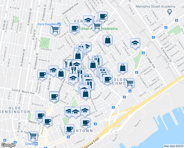 map of restaurants, bars, coffee shops, grocery stores, and more near 2305 Memphis Street in Philadelphia