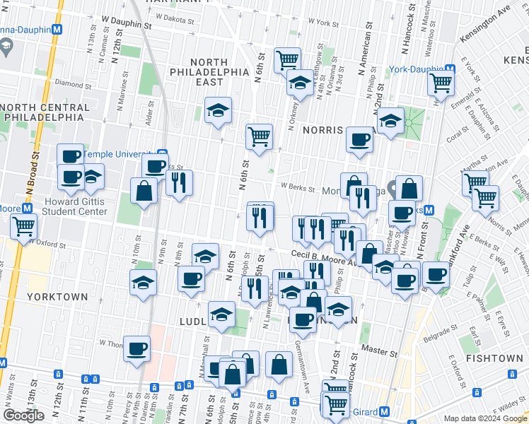 map of restaurants, bars, coffee shops, grocery stores, and more near 1800 North 5th Street in Philadelphia