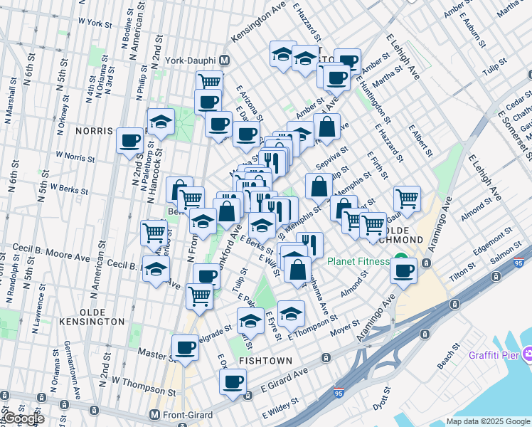 map of restaurants, bars, coffee shops, grocery stores, and more near 2011 Sepviva Street in Philadelphia