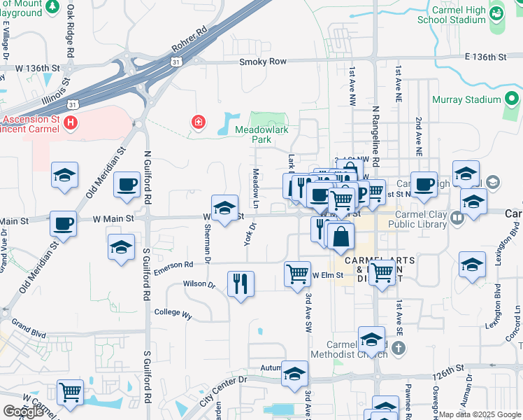 map of restaurants, bars, coffee shops, grocery stores, and more near 530 West Main Street in Carmel