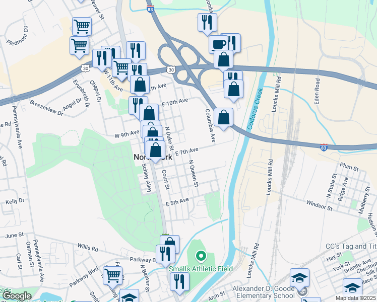 map of restaurants, bars, coffee shops, grocery stores, and more near 1099 North Queen Street in York
