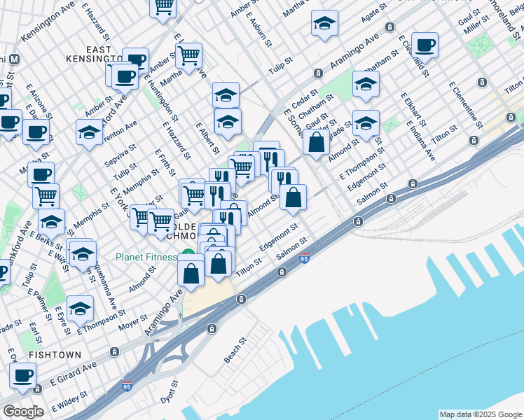 map of restaurants, bars, coffee shops, grocery stores, and more near 2635 Almond Street in Philadelphia