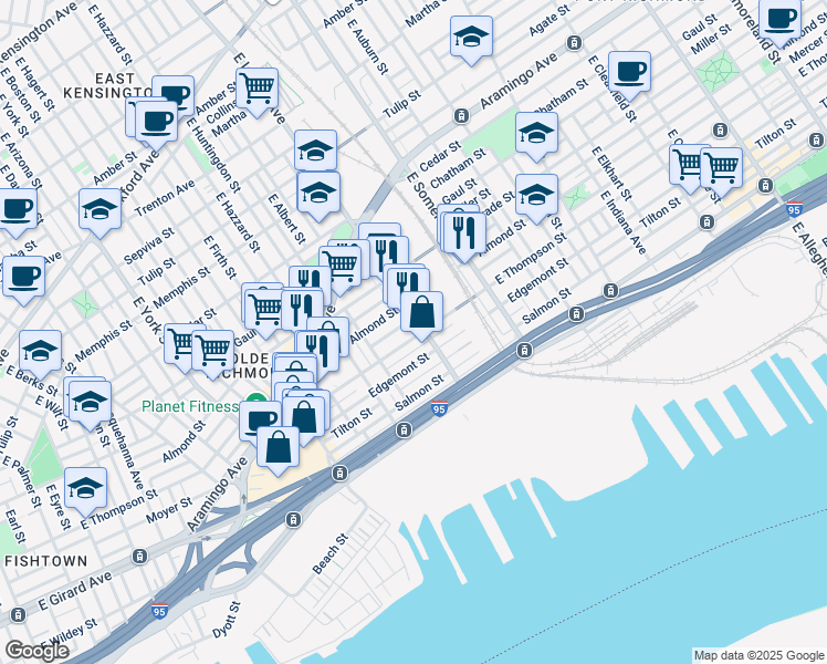 map of restaurants, bars, coffee shops, grocery stores, and more near 2628 East Lehigh Avenue in Philadelphia