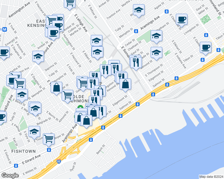 map of restaurants, bars, coffee shops, grocery stores, and more near 2635 Almond Street in Philadelphia