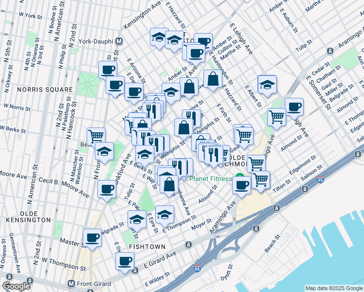 map of restaurants, bars, coffee shops, grocery stores, and more near 2305 Memphis Street in Philadelphia