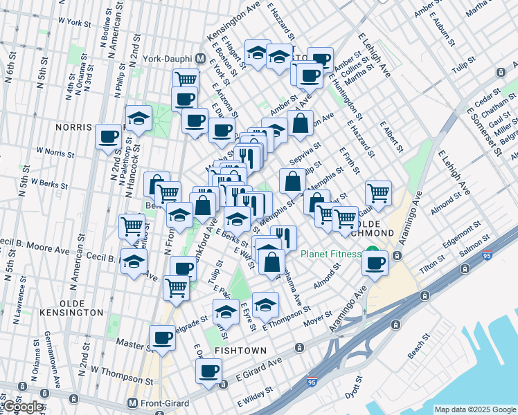 map of restaurants, bars, coffee shops, grocery stores, and more near 2203 Tulip Street in Philadelphia
