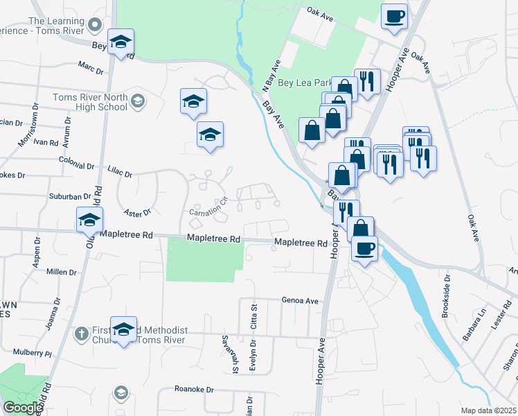 map of restaurants, bars, coffee shops, grocery stores, and more near 206 Muskflower Court in Toms River