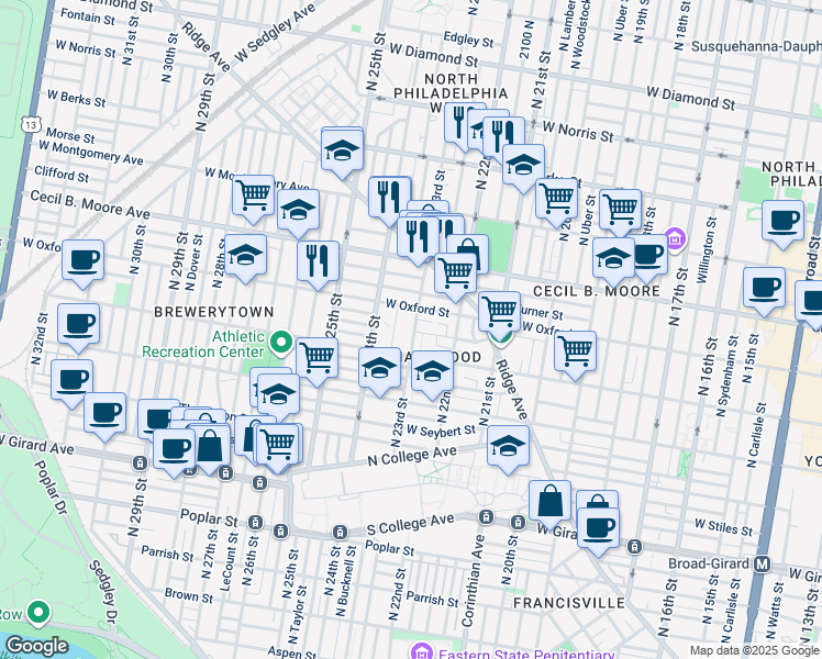 map of restaurants, bars, coffee shops, grocery stores, and more near 2340 Bolton Way in Philadelphia