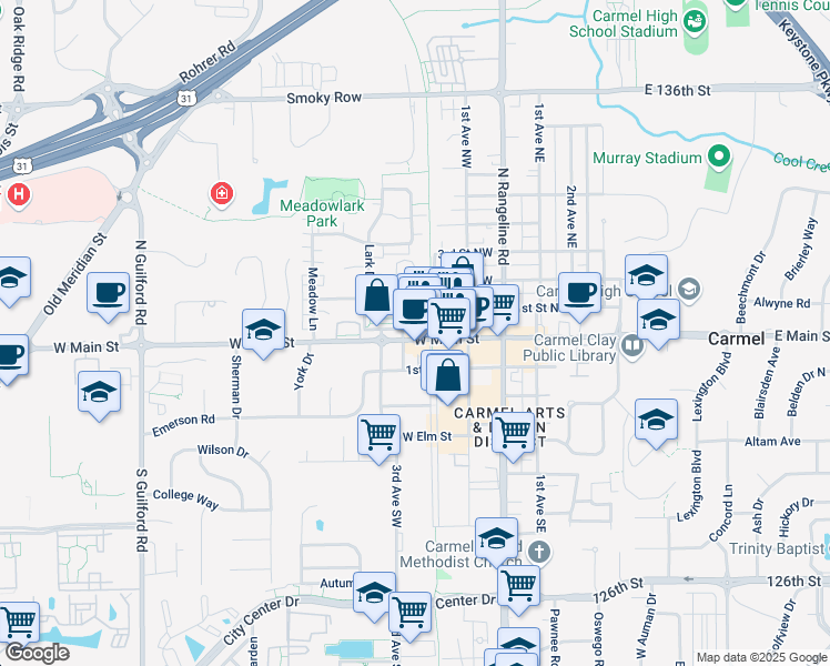 map of restaurants, bars, coffee shops, grocery stores, and more near 39 Monon Boulevard in Carmel