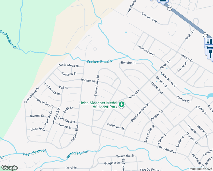 map of restaurants, bars, coffee shops, grocery stores, and more near 19 Banning Court in Toms River