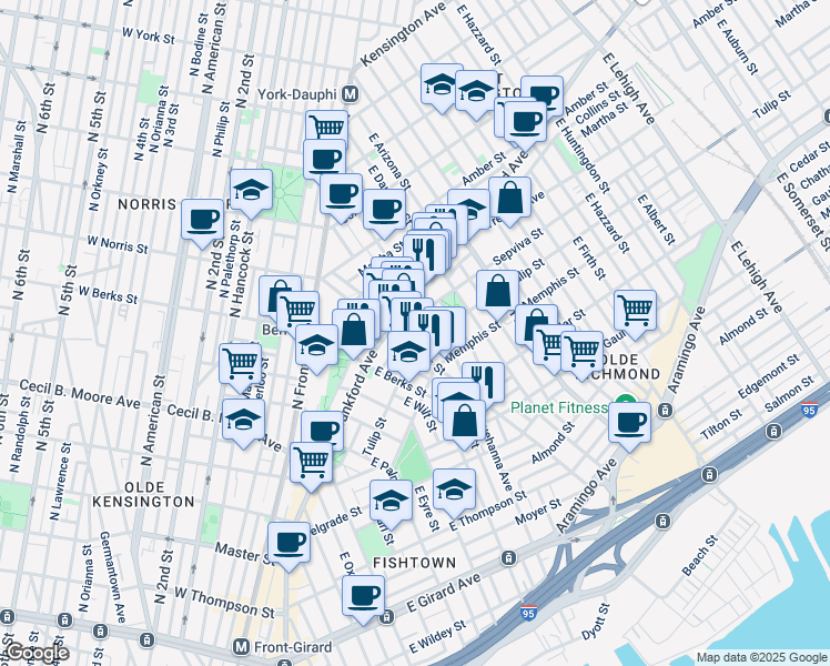 map of restaurants, bars, coffee shops, grocery stores, and more near 2011 Sepviva Street in Philadelphia