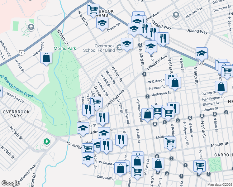 map of restaurants, bars, coffee shops, grocery stores, and more near 6441 Lebanon Avenue in Philadelphia