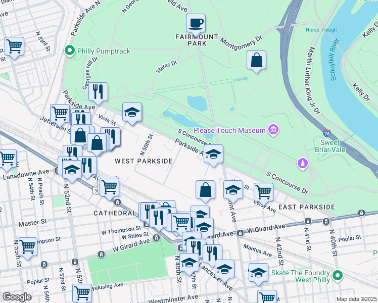 map of restaurants, bars, coffee shops, grocery stores, and more near 4854 Parkside Avenue in Philadelphia