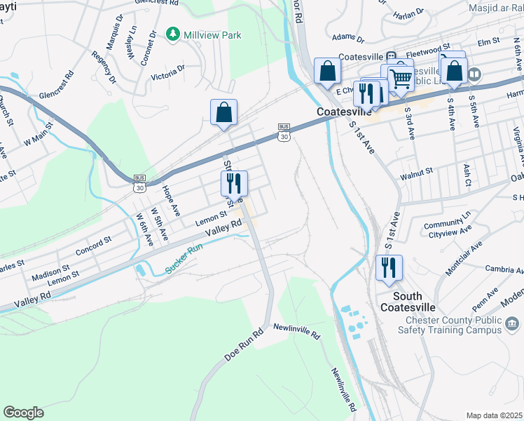 map of restaurants, bars, coffee shops, grocery stores, and more near 237 East Valley Road in Coatesville