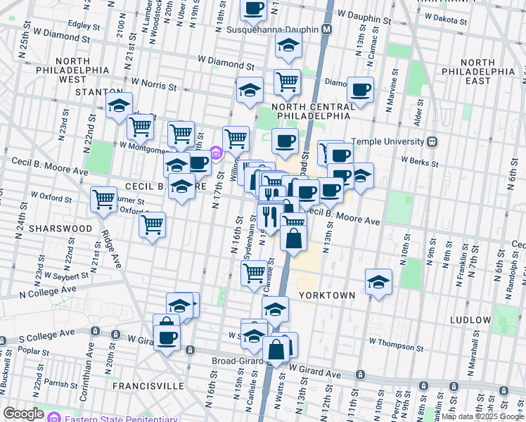 map of restaurants, bars, coffee shops, grocery stores, and more near 1628 North 15th Street in Philadelphia