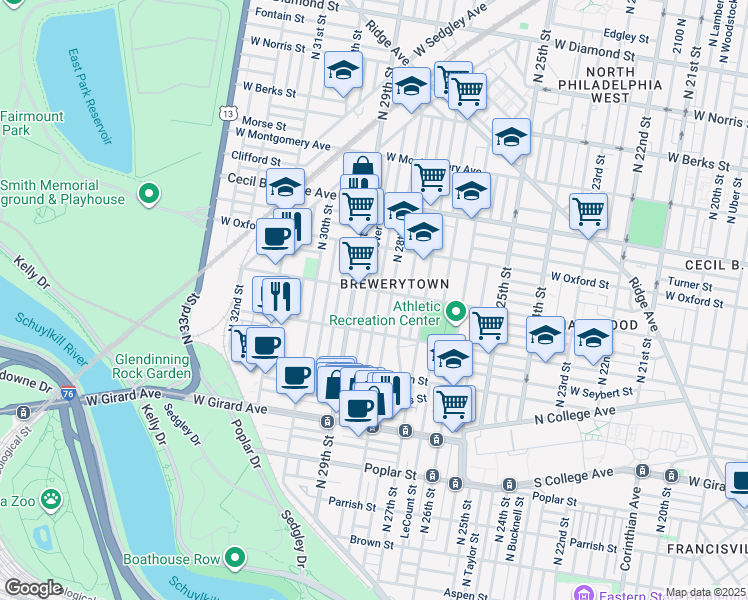map of restaurants, bars, coffee shops, grocery stores, and more near 1452 North Newkirk Street in Philadelphia