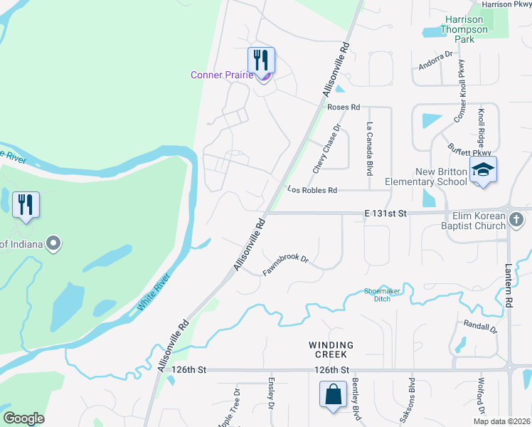map of restaurants, bars, coffee shops, grocery stores, and more near Allisonville Rd & E 131st St in Fishers