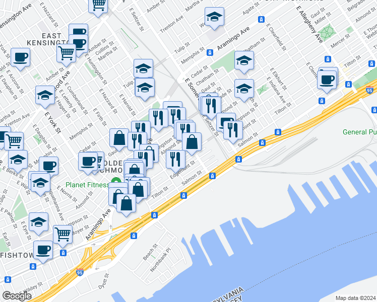 map of restaurants, bars, coffee shops, grocery stores, and more near 2628 East Lehigh Avenue in Philadelphia