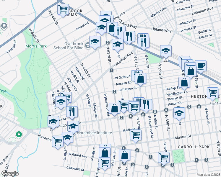 map of restaurants, bars, coffee shops, grocery stores, and more near 900 North 63rd Street in Philadelphia