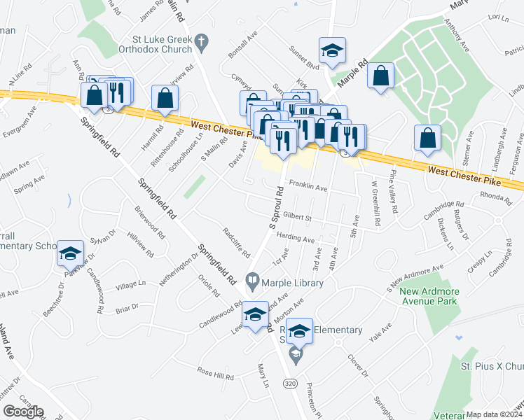 map of restaurants, bars, coffee shops, grocery stores, and more near 2607 Harding Avenue in Broomall