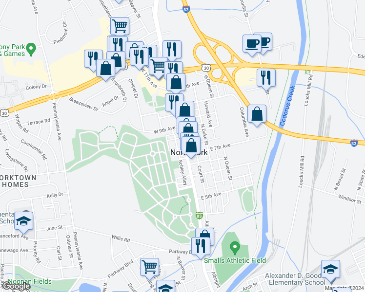 map of restaurants, bars, coffee shops, grocery stores, and more near 1132 North George Street in York