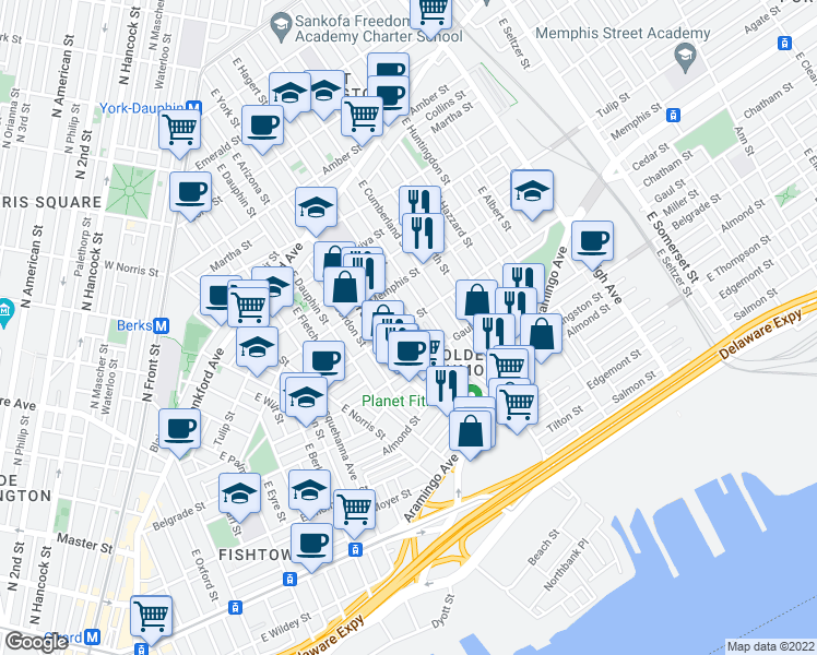 map of restaurants, bars, coffee shops, grocery stores, and more near 2431 Cedar Street in Philadelphia